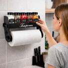 Porta Temperos Condimentos kit 05 potes quadrado com Tampa Dosadora Suporte papel toalha Adesivos