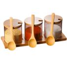 Porta Temperos Ervas Especiarias Condimentos Organizador Cozinha 3 Pcs de Vidro Com Base e Tampa de Bambu
