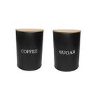 Pote Cafe Açucar Porta Mantimento Aço Preto Tampa Bambu Lata
