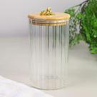 Pote de Vidro Canelado 750ml Hermético com Tampa de Bambu e Argola Porta Mantimentos