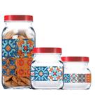Pote de Vidro Decorado Style Mosaic Tampa de Plástico Vermelho 3Pcs