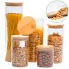 Pote de Vidro Hermético Transparente Kit 5 Potes Tampa Bambu