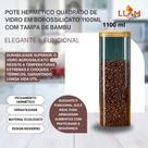 Pote Hermético Quadrado de Vidro em Borossilicato 1100ml com Tampa de Bambu