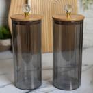 Potes de Vidro Fumê Canelado Hermético G Tampa de Bambu Cristal Design Moderno