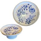 Prato Para Bolo Decorativo Rendado Floral Azul Ouro Luiz S.