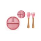 Prato Silicone C/Ventosa E Talher De Madeira e Silicone Rosa