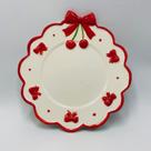 Prato Sobremesa Laço Cereja Branco com Vermelho Cerâmica 19,2cm