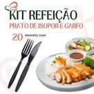 Pratos de Isopor Refeição de 23cm com 20 unidades e 20 Kit Garfo e Faca Preto em Sachê Ideal para Festas