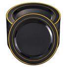 Pratos de jantar BuCla Black Plastic com borda dourada 26 cm 100 unidades