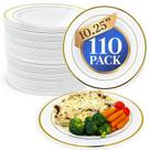 Pratos de jantar de plástico Reli. 110 unidades descartáveis brancas com borda dourada Pratos de jantar de plástico Reli. 110 unidades descartáveis brancas com borda dourada