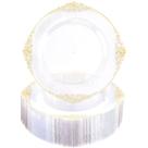 Pratos de plástico Morejoy 100 peças de ouro transparente com 26 cm de diâmetro