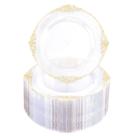 Pratos de plástico Morejoy 100 unidades de ouro transparente 19 cm de sobremesa + 19 cm
