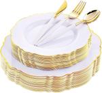 Pratos de plástico WDF 30Guest Gold Baroque Design 26 e 19 cm brancos