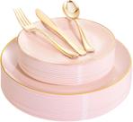 Pratos de plástico YOUBET rosa com borda dourada 125 unidades para 25 convidados Pratos de plástico YOUBET rosa com borda dourada 125 unidades para 25 convidados