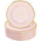 Pratos de sobremesa de plástico Hioasis Pink com borda dourada 7,5 polegadas 60 unidades