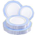 Pratos descartáveis WDF Baroque Baby Blue com borda dourada 60 unidades