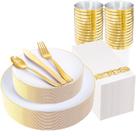 Pratos descartáveis YOUBET 175 unidades de plástico com aro dourado branco Pratos descartáveis YOUBET 175 unidades de plástico com aro dourado branco