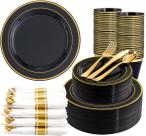Pratos pretos e dourados da Partyware WDF 350 peças com talheres Pratos pretos e dourados da Partyware WDF 350 peças com talheres
