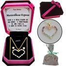 Presente Aniversário Esposa Maravilhosa Colar Feminino Coração Caixinha Veludo Brincos Dedicatória
