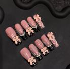 Press On Nails, feito à mão, preto, design de nó francês, estilo feminino
