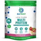 Proteína em pó BioTrust com baixo teor de carboidratos, soro de leite e caseína de morango