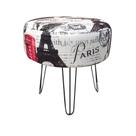 Puff Banqueta Redondo Classic Estampado Paris Vermelho Pés de Ferro Aramado -