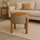 Puff Banqueta Redondo Zoe material sintético Caramelo e Linho Bege Decorativo Base de Madeira