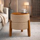 Puff Banqueta Soft Bouclé Redondo Pés Madeira Mesa de Apoio 2 em 1