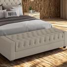 Puff Baú Bellmont 1,60m Em Linho Bege Com Botões De Cristal Pés Em Madeira e Articulador