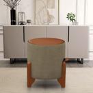 Puff Redondo Em Linho Com material sintético Pés Em Madeira Maciça Decorativo Sala Quarto