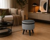 Puff redondo tecido cinza linho material sintético faixa cinza pés palito plástico macio elegante moderno decoração sala estar quart