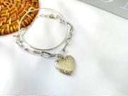 Pulseira 2 em 1 Coração Prata com corrente de elos largos e bracelete liso