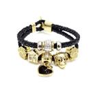 Pulseira 2 Tiras Couro Preta Feminina Berloques Pet Dog Gato Pulseira 2 Tiras Couro Preta Feminina Berloques Pet Dog Gato