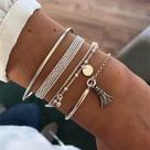 Pulseira 4pçs Prateada Pingente Corda Fina Brilhante S4107