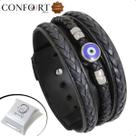 Pulseira Ajustável De Couro Preto Masculina Olho Grego Proteção Amuleto
