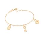 Pulseira banhado ouro 3x 24k 18k e 22k feminina com pingentes berloques 3 pingentes cadeado, chave e coração rommanel 551753