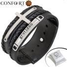 Pulseira Bracelete de Couro Masculina Feminina Cruz Gratidão Força Ajustável