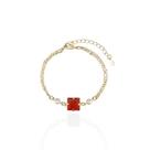 Pulseira Corrente dupla Com Zircônia Quadrada Rubi e Pontos de Luz Banho Ouro 18K