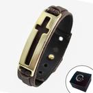 Pulseira Couro Masculina Cruz Crucifixo Ajustável Dourada Pulseira Couro Masculina Cruz Crucifixo Ajustável Dourada