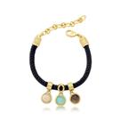 Pulseira couro preto e pedras naturais