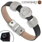Pulseira Couro Preto Magnética Feminina Masculina São José Prateado