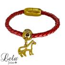 Pulseira couro rosa com zirconia e cavalo em bijuteria