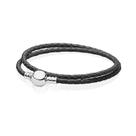 Pulseira de Berloques de Couro Preto Duas Voltas com Fecho em Banho Prata