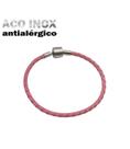 Pulseira de Berloques em Couro Rosa Fecho Aço Inox Antialérgico