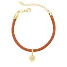 Pulseira de Couro Caramelo com Charm Algodão Pequeno Revestido em Ouro