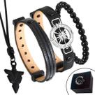 Pulseira de Couro Kit 04 Bússola Preto com Fecho Strap Plug Ajustável com Colar Flecha