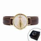 Pulseira de Couro Magnética Feminina Marrom Nossa Senhora Aparecida Fundo Madrepérola Religiosa Estilo Relógio