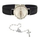 Pulseira de Couro Magnética Feminina Preta Nossa Senhora Aparecida Fundo Prata Religiosa Estilo Relógio + Terço
