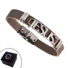Pulseira de Couro Magnética Jesus Slim C/Passador Fé Marrom