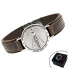 Pulseira de Couro Magnética Marrom Nossa Senhora Aparecida Fundo Prata Religiosa Estilo Relógio